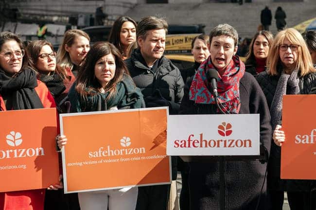 Supporters of the law holding orange Safe Horizon signs